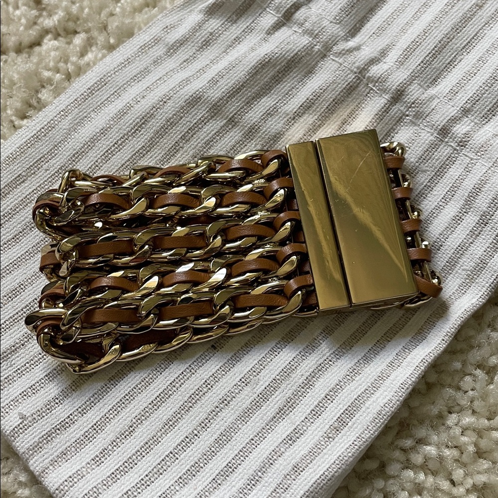 Gold & Brown Braided Chain Cuff Bracelet • Boho Layered Statement Jewelry - Picture 3 of 7